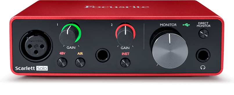 Focusrite Scarlett Solo audio input device for a home recording studio